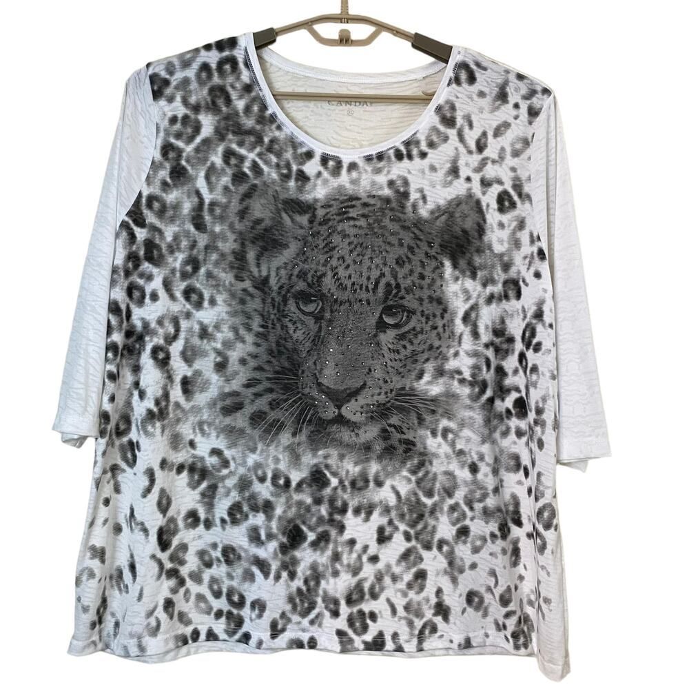 Canda XL Leopard Graphic Top Rhinestone Animal Print 3/4 Sleeve